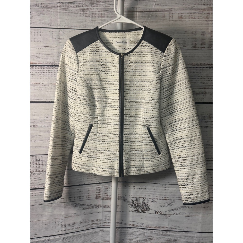 Calvin Klein Tweed Jacket Black Faux Leather Trim Career Blazer
